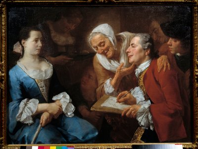 Malarz i jego modelka, a za nim stara kobieta wyciąga szyję, by przyjrzeć się rysowaniu. Obraz Gaspare Traversi (1732-1769) 1754 Nd. 0,99x0,73 m² autorstwa Gaspare Traversi