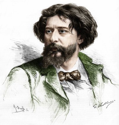 Portret Alphonse Daudeta (1840-1897), francuskiego pisarza. Grawerowanie A. Pochy wg Gastona Vuilliera, sd. koniec XIX wieku. autorstwa Gaston (after) Vuillier