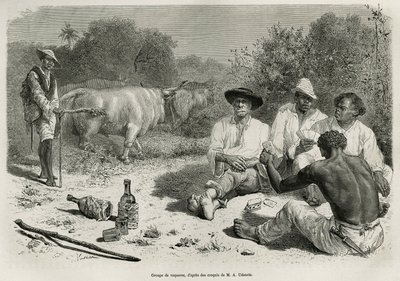 Grupa vaqueros grających w karty i pijących alkohol w pobliżu stad wołów, grawerowana według rysunku G. Vuilliera, ilustrująca historię De Cayenne aux Andes autorstwa Julesa Crevaux, lekarza marynarki francuskiej, w latach 1878-1879, opublikowana w tour du autorstwa Gaston Vuillier