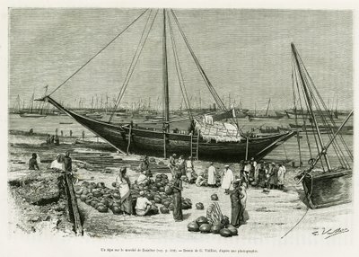 Tepe na targu Zanzibar (Tanzania). Grawer G. Vuillier, aby zilustrować historię Podróż wśród Benadirów, Somalijczyków i Bajoun, w 1882 i 1883, autorstwa G. Revoil, in le tour du monde 1888, reżyseria Edouard Charton (1807-1890), Hachette, Paryż. autorstwa Gaston Vuillier