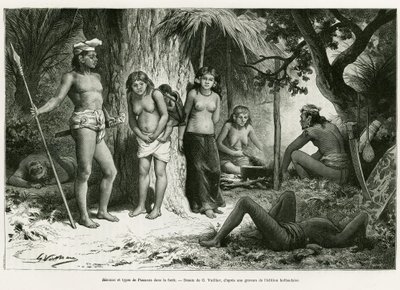 Biwak i rodzaje Płuc w lesie. Grawer G. Vuillier, ilustrujący historię De Koutei a Bandjirmasin, podróż przez Borneo, Carla Bocka, in le tour du monde 1890, reżyseria Edouard Charton (1807-1890), Hachette, Paryż. autorstwa Gaston Vuillier