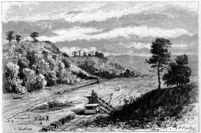 Budowa Kanału Panamskiego - przebicie Przesmyku Panamskiego: ogólny widok na teren koparki Monkey Hill (Monkey-Hill). Grawer: Vuillier w „Le Monde Illustre” nr 1309 z 29 kwietnia 1882 r. autorstwa Gaston Vuillier
