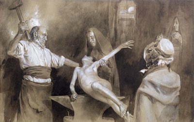 Młotkowanie śledziony (ołówek i wash na papierze) autorstwa Gaston Vuillier
