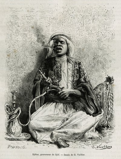 Portret Djohara, gubernatora djof (zgrupowanie 7 lub 8 wiosek, zbudowanych w odległości 10 minut od siebie, online), palącego narguile. Grawer G.Vuillier, aby zilustrować historię „”Pelerinage au Nedjed, kolebka rasy arabskiej””, autorstwa Lad autorstwa Gaston Vuillier