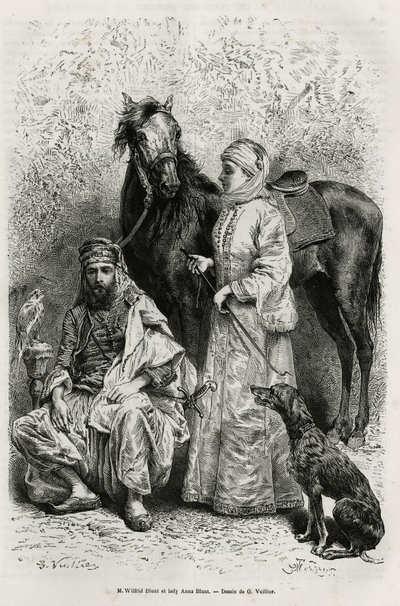 Portrety Wilfrida Blunta (1840-1922), poety i pisarza, oraz jego żony, Lady Anny Blunt (z domu King Noel (King Noel) 1837-1917), pierwszej Europejki, która zwiedziła Bliski Wschód, ubrana w podróżny garnitur , przed jednym z koni arabskich w ich stajniach autorstwa Gaston Vuillier