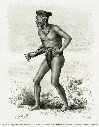 Sibou Mobang, głowa kanibali. Grawer G. Vuillier, ilustrujący historię De Koutei a Bandjirmasin, podróż przez Borneo, Carla Bocka, in le tour du monde 1890, reżyseria Edouard Charton (1807-1890), Hachette, Paryż. autorstwa Gaston Vuillier