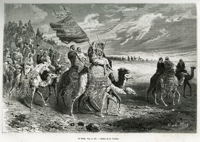 Berak, flaga emira Ibn Al Rashida (1872-1890) (Arabia Saudyjska). Grawer G.Vuillier, ilustrujący historię „”Pelerinage au Nedjed, kolebka rasy arabskiej””, autorstwa Lady Anny Blunt, w latach 1878-1879, opublikowany w Tour du monde, pod kierunkiem autorstwa Gaston Vuillier