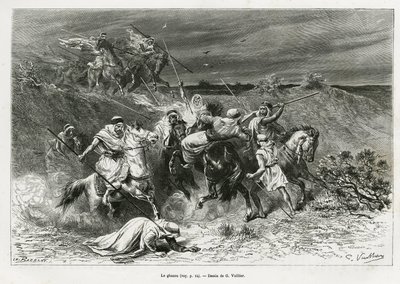 Ghazou, czyli razzia, plądrują ręką. Grawer G.Vuillier, ilustrujący historię „”Pelerinage au Nedjed, kolebka rasy arabskiej””, autorstwa Lady Anny Blunt, w latach 1878-1879, opublikowany w Tour du monde, pod kierownictwem Edouarda Chartona (1807- autorstwa Gaston Vuillier