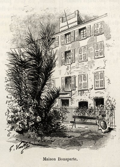 Fasada domu Bonaparte, w którym nie ma Napoleona Bonaparte (1769-1821). Grawer i opowiadanie „La Corse” Gastona Vuilliera (1845-1915), w 1890 r. w Le tour du monde, nouveau journal des voyages, pod kierunkiem Edouarda Chartona (1807-189) autorstwa Gaston Vuillier