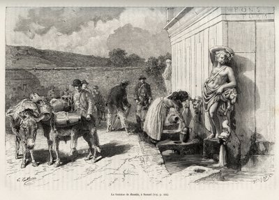 Fontanna Rossello w Sassari (Włochy). Codzienne czynności, kobieta napełniająca łóżeczko i nosidełka z osiołkami, napełniające beczki. Grawer i opowiadanie „La Sardaigne” Gastona Vuilliera (1845-1915), w 1890 r. w Le tour du monde, nouv autorstwa Gaston Vuillier