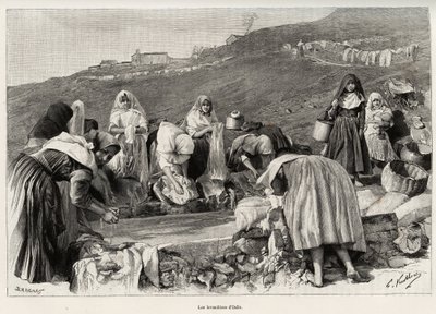 Lawenda z Osilo (Włochy), kobiety zebrały się wokół basenu. Grawer i opowiadanie „La Sardaigne” Gastona Vuilliera (1845-1915), w 1890 r. w Le tour du monde, nouveau journal des voyages, pod kierunkiem Edouarda Chartona (1807-1890), 2. semestr autorstwa Gaston Vuillier