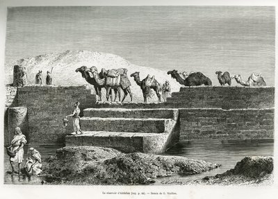 Zbiornik Abdallah (Arabia Saudyjska). Grawer G.Vuillier, ilustrujący historię „”Pelerinage au Nedjed, kolebka rasy arabskiej””, autorstwa Lady Anny Blunt, w latach 1878-1879, opublikowany w Tour du monde, pod kierownictwem Edouarda Chartona (1807- 18 autorstwa Gaston Vuillier