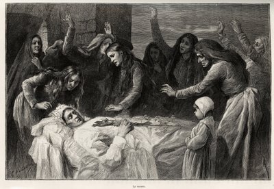 Vocero, korsykańska piosenka funebre wzywająca do zemsty. Grawer i opowiadanie „La Corse” Gastona Vuilliera (1845-1915), w 1890 r. w Le tour du monde, nouveau journal des voyages, pod kierunkiem Edouarda Chartona (1807-1890) autorstwa Gaston Vuillier
