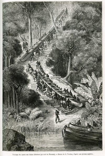 Tragging kajaki w Innkissi Falls (lub Livingstone Falls) (Kongo), pod kierunkiem Sir H.M. Stanleya (1841-1904), rys. G.Vuillier, aby zilustrować historię „Przez tajemniczy kontynent” – podróż odbytą w latach 1874 -1877, przez Sir H.M. Stanleya. mi autorstwa Gaston Vuillier