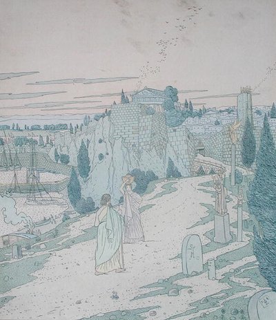 Ulisses spotyka boginię Minerwę przebraną za dziewczynę z dzbanem, ilustracja z księgi 6 Odysei, przekład Lecomte de l