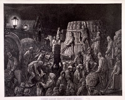 „Targ Covent Garden – wczesny poranek”, 1872 r. autorstwa Gauchard Brunier