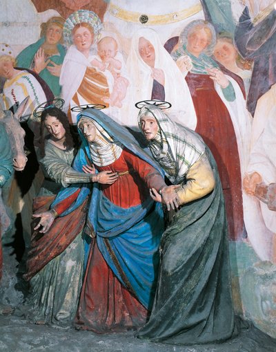 Posągi świętych kobiet idących za Chrystusem, fragment z Ukrzyżowania autorstwa Gaudenzio Ferrari (1475-1546), Kaplica XXXVIII, Święta Góra Varallo Sesia (Lista Światowego Dziedzictwa UNESCO, 2003), Włochy autorstwa Gaudenzio Ferrari