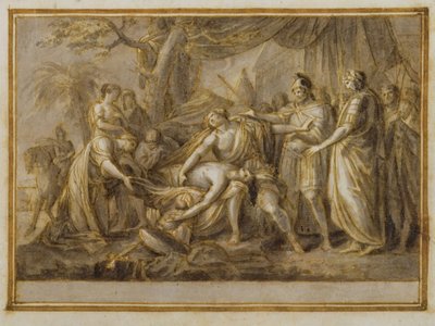 Achilles lamentujący nad śmiercią Patroklosa, 1760-63 (pióro i atrament oraz pranie na papierze) autorstwa Gavin Hamilton