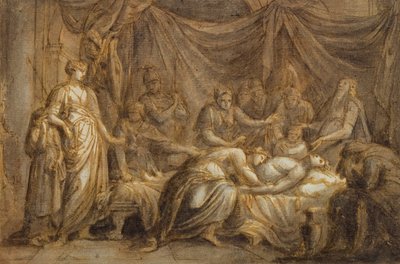 Andromacha opłakująca śmierć Hektora, 1760-63 (pióro i atrament i pranie na papierze) autorstwa Gavin Hamilton