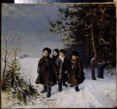 Powrót ze szkoły - Obraz Gavriila Fiodorowicza Rybakowa (1859-?), olej na płótnie autorstwa Gavriil Fyodorovich Rybakov