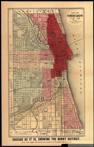 Chicago takie, jakie jest, pokazując spaloną dzielnicę, z Historii wielkich pożarów w Chicago i na Zachodzie autorstwa Edgara Johnsona Goodspeeda, opublikowane w Chicago, 1871 (litografia ręcznie kolorowana) autorstwa Gaylord Watson