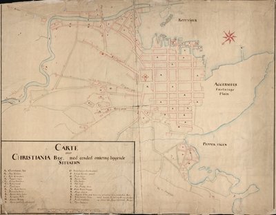 Norweski bokmål: Mapa z kolekcji map Biblioteki Narodowej. Mapa została opublikowana w Håndtegnet (1649) i pokazuje Christiania autorstwa Geelkerck