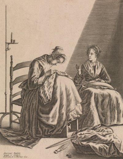 Szycie dwóch kobiet, płyta 1 z pięciu kobiecych zawodów, ca. 1640-57. autorstwa Geertruydt Roghman