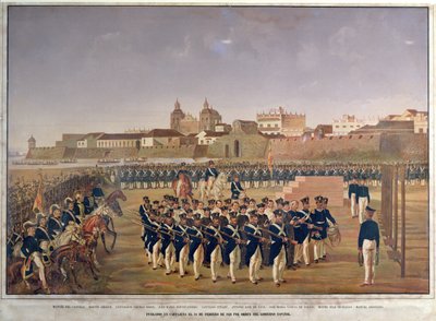 Rozstrzelanie Pantaleona Germana de Ribon i jego 8 towarzyszy w Cartagena 24 lutego 1816 r. (kolorowe grawerowanie) autorstwa Generoso Jaspe