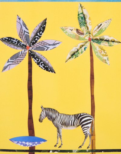 Zebra z niebieską miską (kolaż) autorstwa Genevieve French