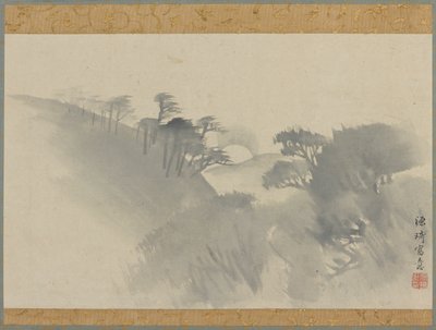 Krajobraz ze wzgórzem, drzewami i wschodem księżyca, okres Edo, 1747-1868. autorstwa Genki