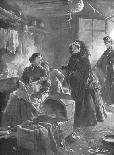 „Królowa Wiktoria i biedni: Jej Wysokość odwiedza domek na wsi”, 1901. autorstwa Gennaro Amato