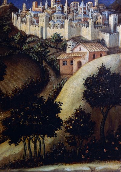 Adoracja Ołtarza Trzech Króli, fragment środkowego panelu predelli w Egipcie autorstwa Gentile da Fabriano