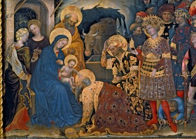 Adoracja Trzech Króli, fragment Matki Boskiej z Dzieciątkiem z trzema królami, 1423 tempera na panelu autorstwa Gentile da Fabriano