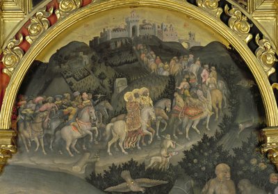 Adoracja Trzech Króli detal podróży do Jerozolimy, 1423 tempera na fragmencie tablicy z 29414 autorstwa Gentile da Fabriano