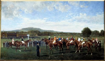Wyjazd w Longchamp wydany przez barona Foya w 1877 r. Ustawienie koni na początku wyścigu na torze wyścigowym. Obraz Geo Arnull (XIX wiek) 1877. Paryż, zachęta Societe autorstwa Geo Arnull