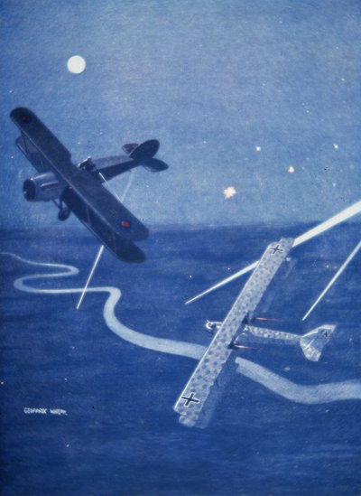 Myśliwiec Bristol atakuje niemiecki bombowiec Gotha nad Londynem nocą (kolor lito) autorstwa Geoffrey Watson