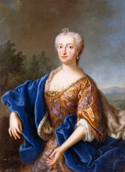 Portret Marii Amalii, stojącej 3/4 długości, w haftowanej sukni (olej na płótnie) autorstwa Georg (circle of) Desmarees