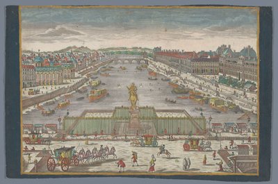 Widok na Pont Neuf nad Sekwaną w Paryżu, w kierunku Pont Royal Gesicht der Neuen Bruck, gegen der Königl. Bruck zu Paris autorstwa Georg Balthasar Probst (possibly)