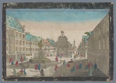 Gezicht op de wijnmarkt te Augsburg Perspektywa rynku wina w górę Saltz Stadel w kierunku S. Ulrich do Augspurg (tytuł na obiekcie) autorstwa Georg Balthasar Probst (possibly)