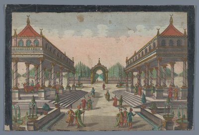 Widok kolumnady w kierunku ogrodu cyprysowego w Konstantynopolu Colonnata w Groß-Sultans Lust-Garten autorstwa Georg Balthasar Probst (possibly)