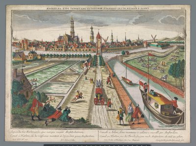 Widok na kanał amsterdamski w Haarlemie Canal zu Harlem, wed die Threckschuijten po Amsterdam ab und zu gehen (tytuł na obiekcie) Haarlem (tytuł serii) autorstwa Georg Balthasar Probst