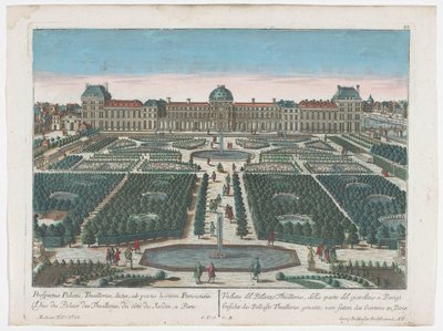 Widok na Palais des Tuileries w Paryżu widziany z Jardin des Tuileries Gesicht des Pallasts Thuilleries genannt, von seiten des Gartens zu Paris (tytuł na obiekcie) Paryż (tytuł serii) autorstwa Georg Balthasar Probst