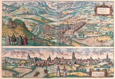 Bressanone, Włochy - Lauingen, Donau, Niemcy - w "Civitates Orbis Terrarum" Georga Brauna, Kolonia 1617 r. autorstwa Georg Braun
