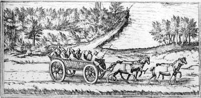 Autokar z pasażerami we Francji, fragment mapy, koniec XVI w. autorstwa Georg Braun und Franz Hogenberg