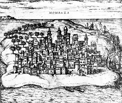 Widok Mombaza, z Georg Brauns Civitates orbis terrarum, wydany w 1572 roku, rycina nr 483404. autorstwa Georg Braun und Franz Hogenberg