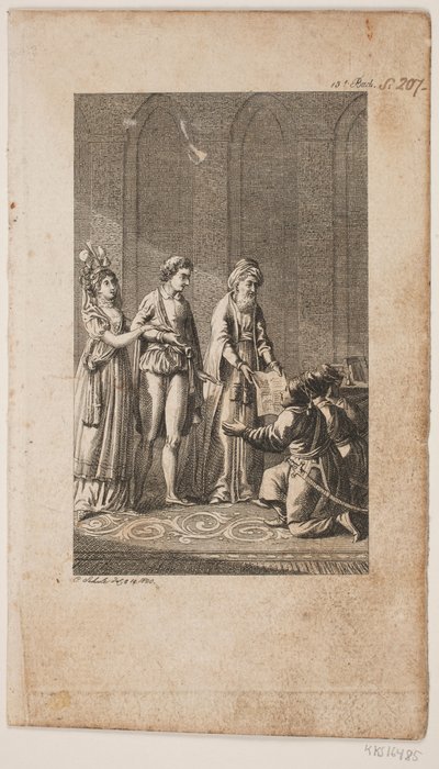 Ilustracja z młodą parą z orientalnym i trzema klęczącymi tureckimi żołnierzami autorstwa Georg Christian Schule