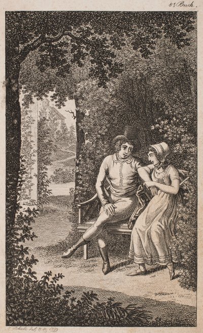 Ilustracja z parą na ławce w ogrodzie autorstwa Georg Christian Schule