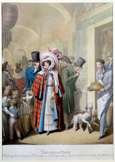 Passage Panorama: „Au gargantua: kupiec jadalnych du Mondains, przechodniów, kupców i misereux w galerii 3. dzielnicy Paryża. Grawerowanie: George Emanuel Opitz (1775-1841) XIX-wieczny Paryż, Musee Carnavalet autorstwa Georg Emanuel Opitz