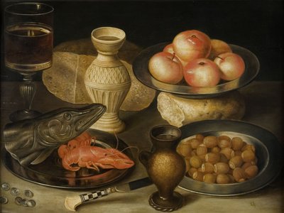 Martwa natura z siegburskim dzbanem kamionkowym, szkłem, nożem, dwoma bochenkami, początek XVII w.. autorstwa Georg Flegel
