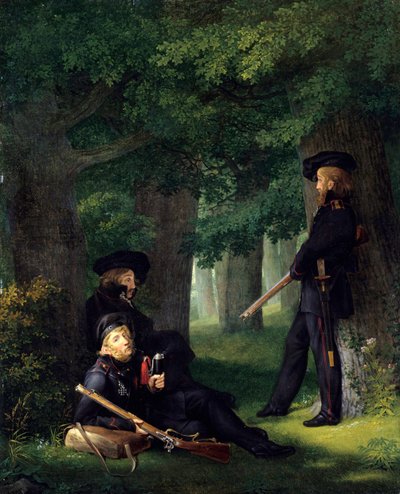 „Osady” (Służba placówki) (Portrety Theodora Koernera (1791-1813, pruski poeta i żołnierz), Karla Friedricha Friesena (1784-1814, pedagog i indywidualista) i Heinricha Hartmanna)Obraz Georga Friedricha Kerstinga (1785- 1847) 1815 Wym. 46x35 cm autorstwa Georg Friedrich Kersting